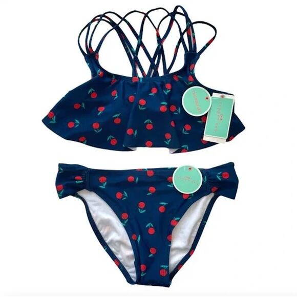 KIDS GIRLS Navy Blue & Red Cherry Print Bikini Swimsuit SET – Girls 14
